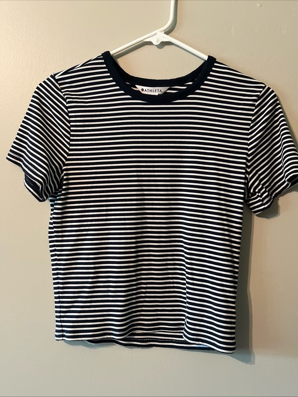 ATHLETA Soft Stretchy Signature Rib Crop Tee Martina Navy Stripe Medium